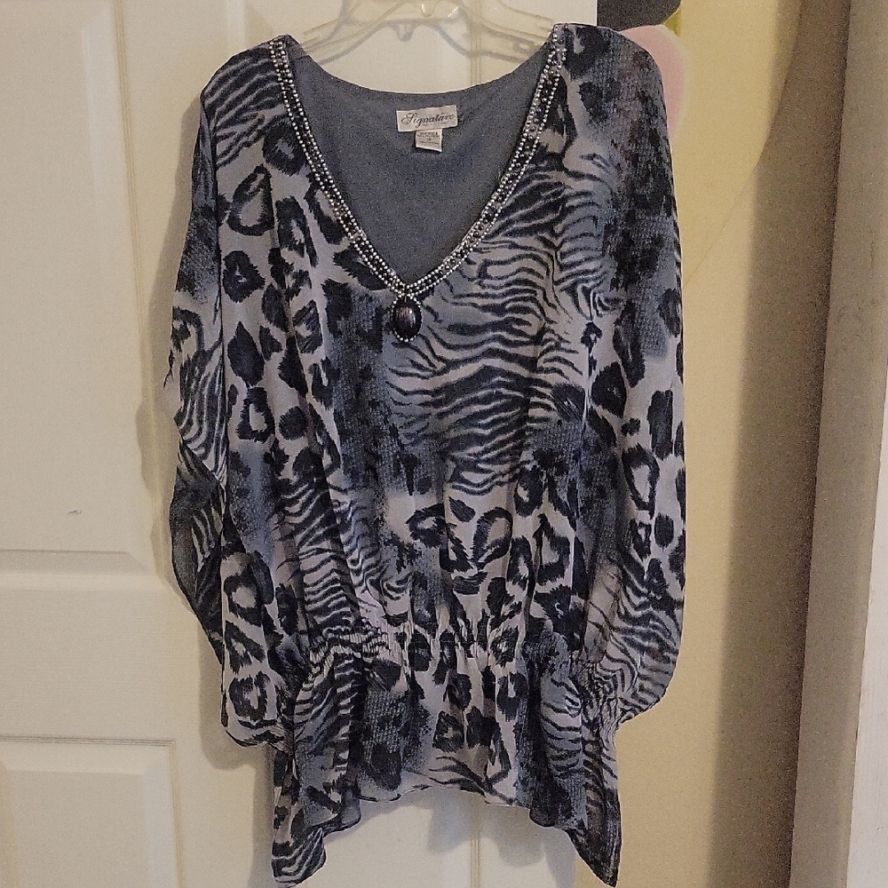 Signature Angel style Elegant Blue Animal Print beaded Blouse elastic waist